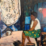 Acryl schilderij, Maya Wildevuur, Vrouwen op de markt, 2001